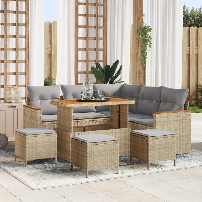 Ensemble de Canapé de Jardin 9 Pièces avec Coussins Beige en Rattan Poly Acacia, Ensemble de Salle à Manger de Jardin 4 3363052