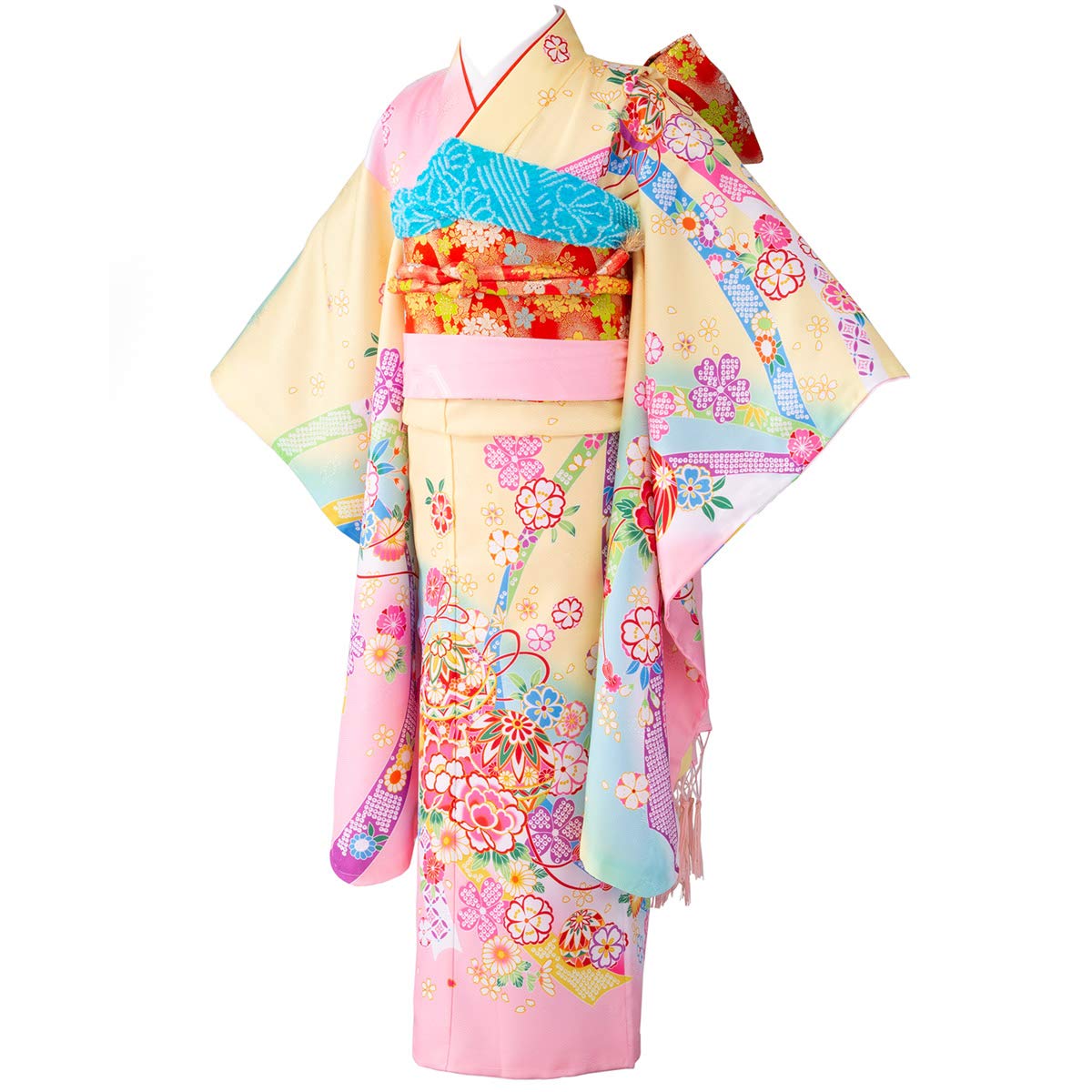 

Girls Kimono Set for 7 Year Olds Picture Pattern Cream Light Pink Kasumi [Kyoto Miyabi] Shichi-Go-San (120cm) Ball/Red жовтий
