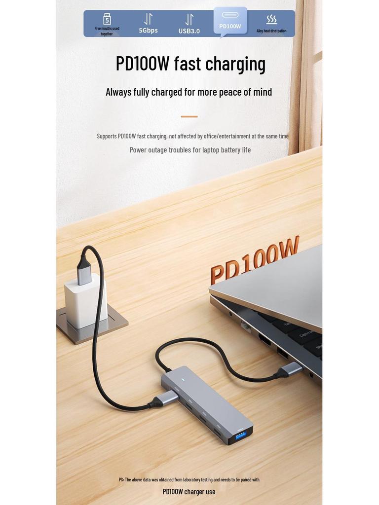 Type-C Five-in-One Hub: PD100W Fast Charging with USB3.0/Type-C Expansion.