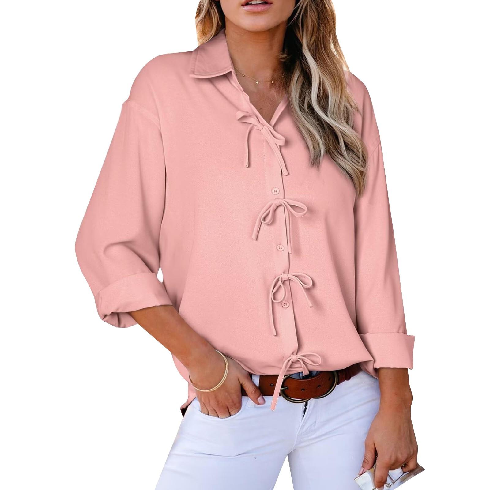 Women s Spring And Summer Women s Round Collar Long Sleeve Bowknot Shirt XL