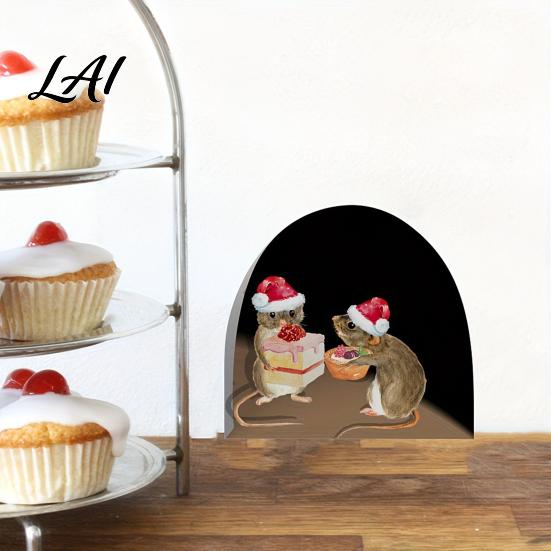 Cute Animal Wall Decor Christmas Mouse Break‑Through Decals 3D Hole Self‑Adhesive Removable PVC Art Stickers DIY for Living Room Entryway