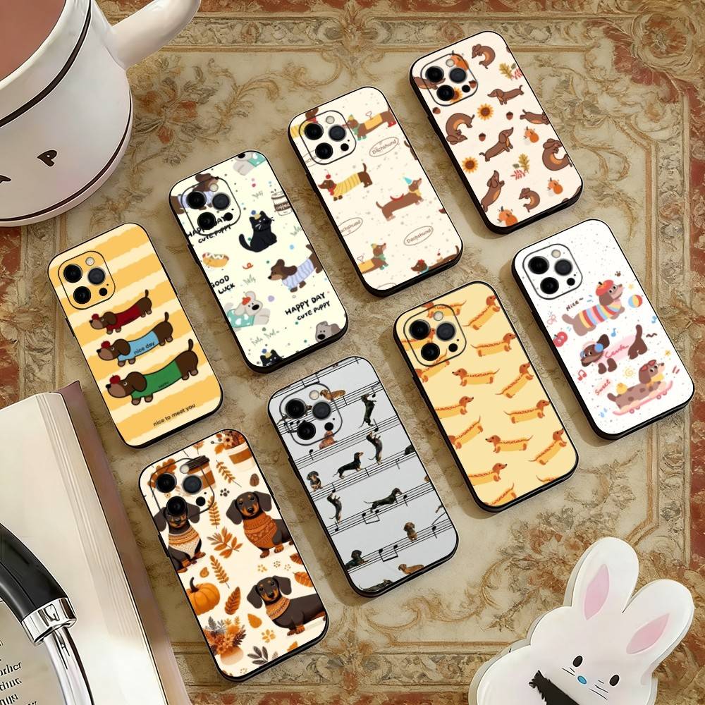 Cane Autunno Bassotto Custodia per Telefono Per iPhone 17, 16,15,14,13,12,11 Plus,Pro Max, Altri Morbida Cover Nera