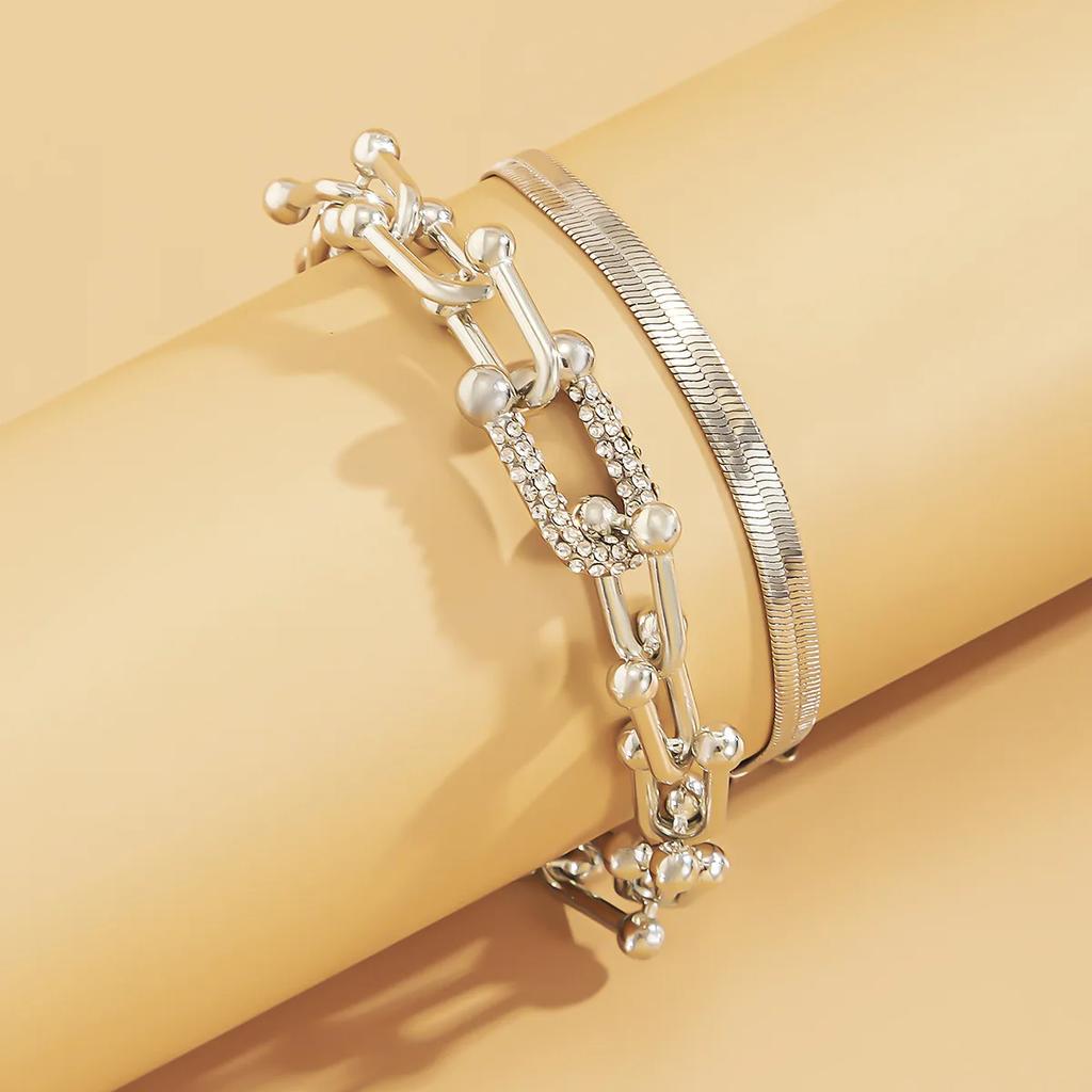 A Suit of Vintage Simple Snake Chain Metal Bracelet Set for Woman Hip Hop Individuality U Shape Bracelet Paty Jewelry Gifts