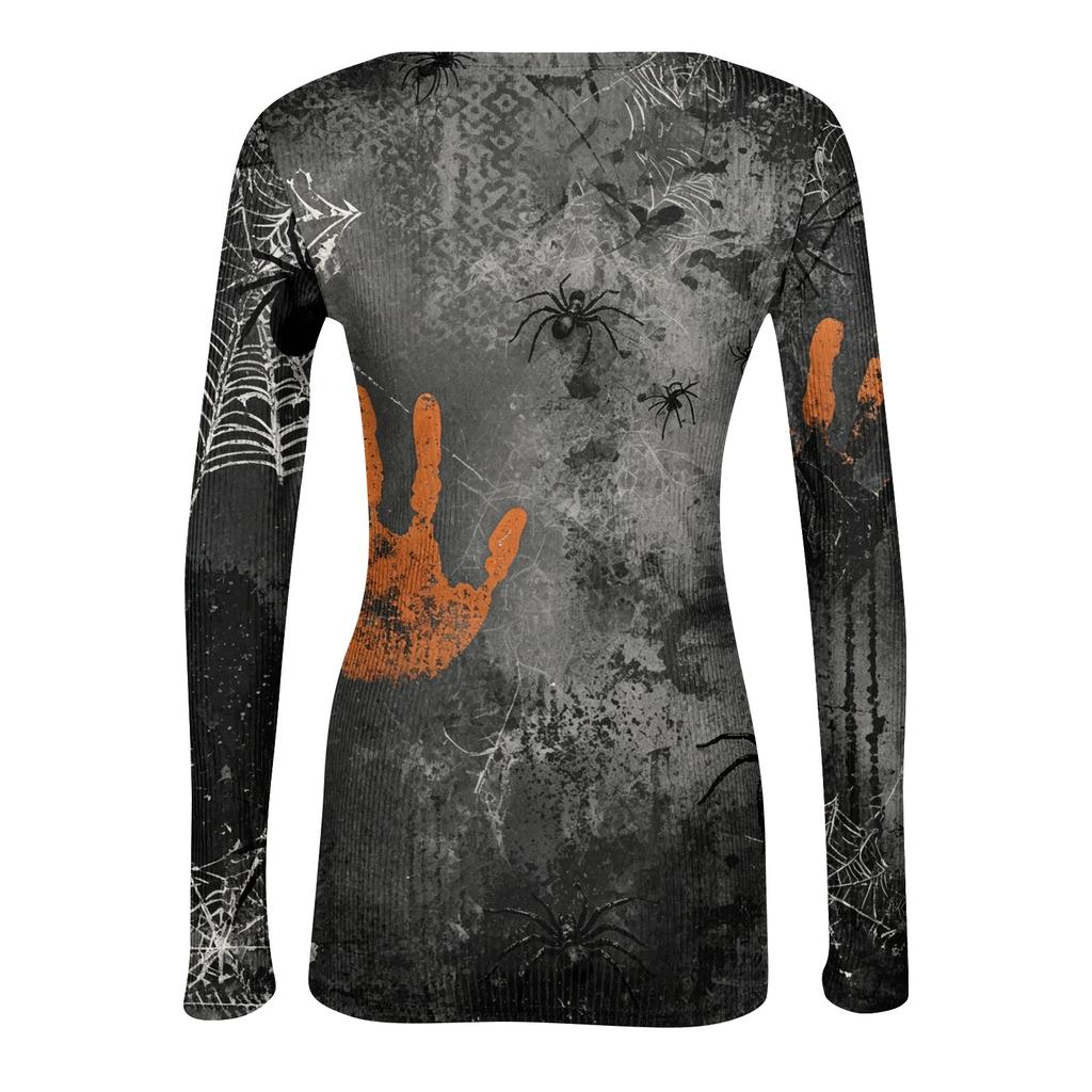 Womens Halloween Print Long Sleeve T Shirt Slim Fit Round Neck Casual Stretchy Basic Top for Autumn Winter