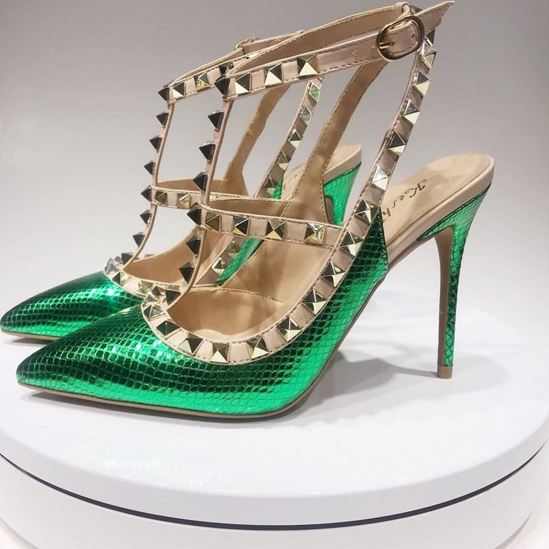 2025 New 10cm Light Blue Snake Pattern One-word Buckle Willow Nails High Heels Pointed Thin Heel Sexy Strap Bag Head Back Empty