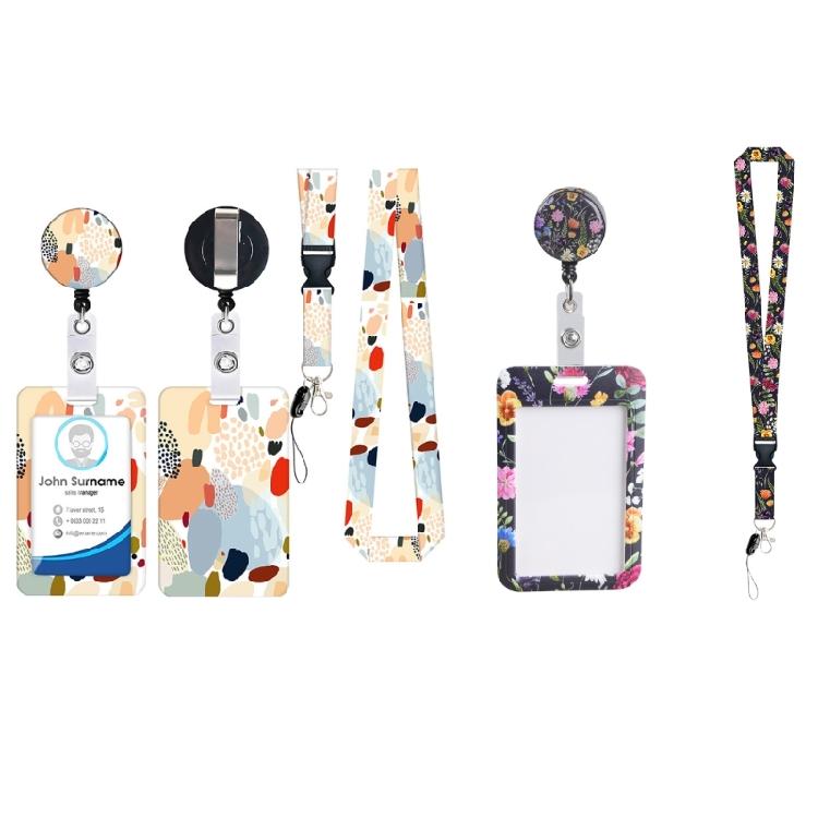 Lanyard Badge Card Holder with Keyring Flowers Neck Strap Oil Painting Name Card Cover Case for Students