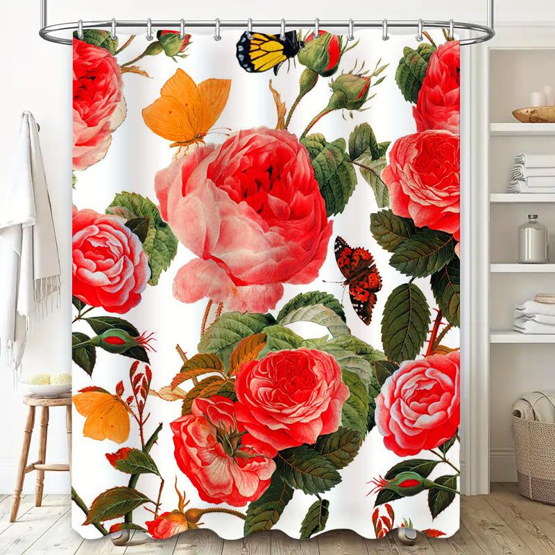 Watercolor-Style Floral Shower Curtains Featuring Red Roses, Orange Butterflies, Green Leaves And Pink Flowers Perfect For A Bat
