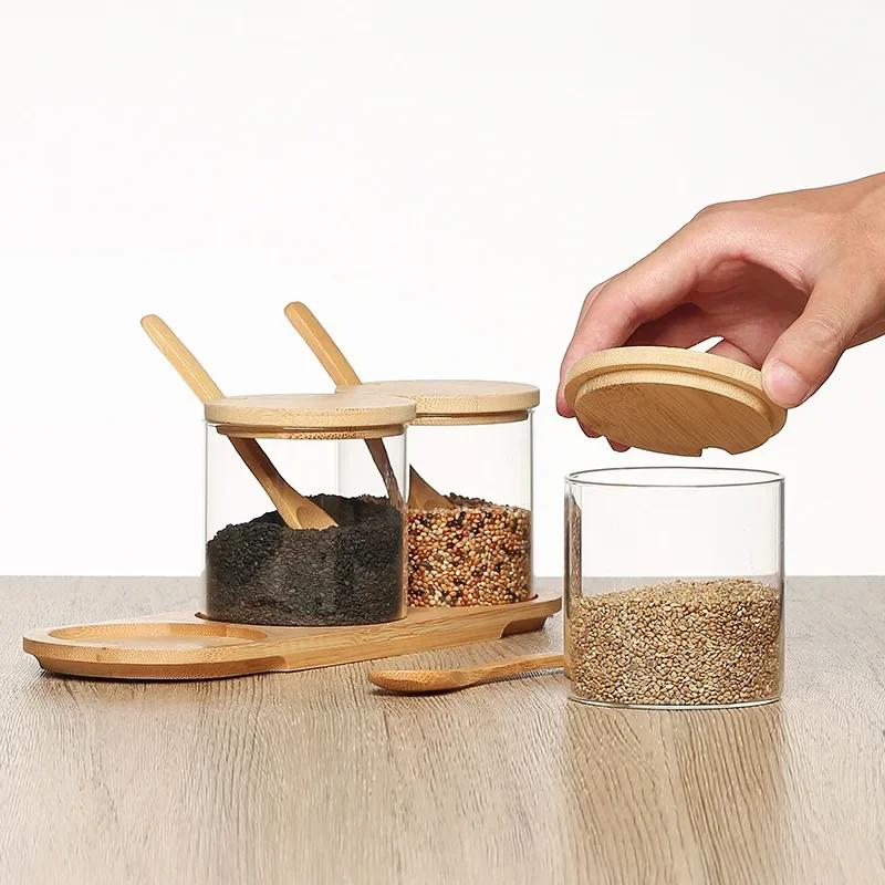JUSTINLAU Küche Glas Gewürzbehälter Set Würze Gewürz Salz Behälter Holzdeckel mit Tablett Löffel Staubdicht Kaffeebohnen Organizer