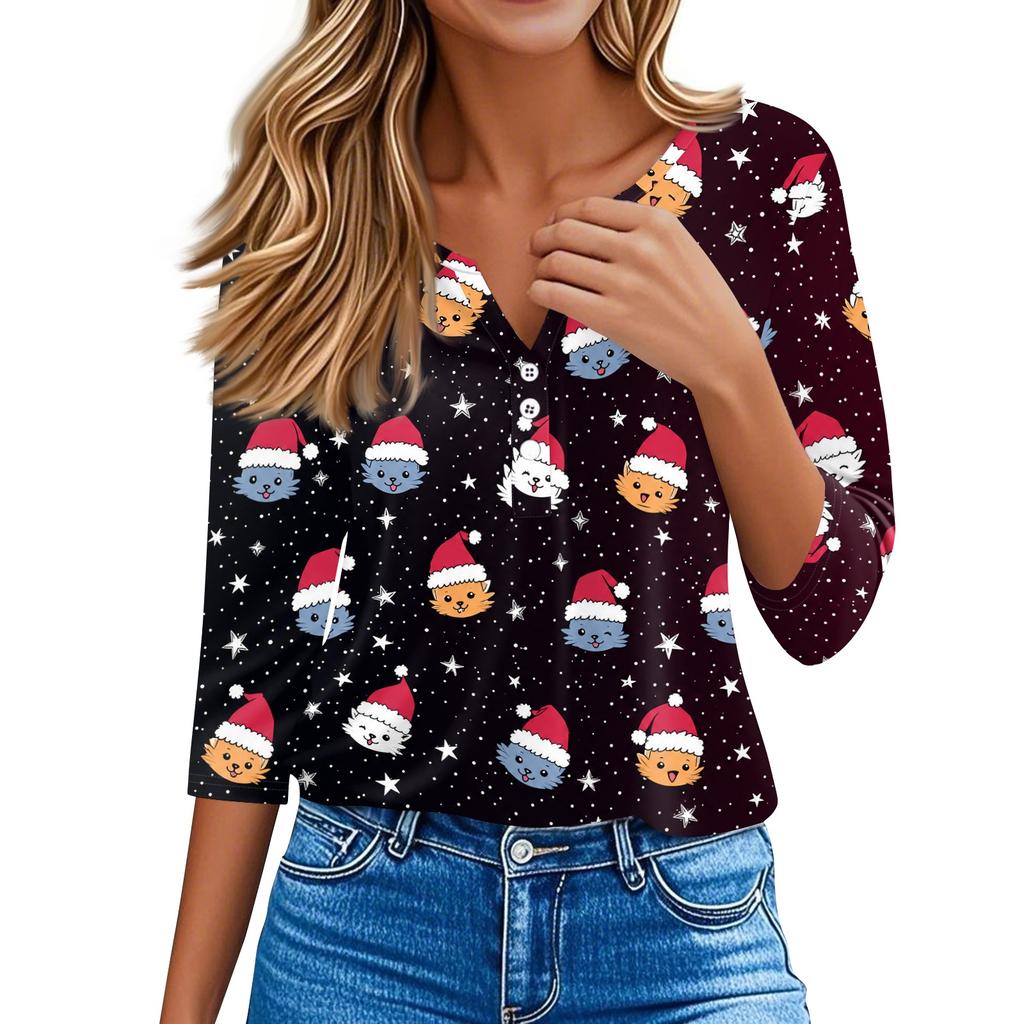 Women's Casual Christmas Print V-Neck 3/4 Sleeve Button T-Shirt