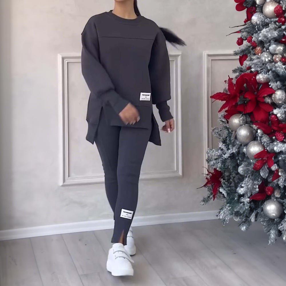 Conjunto Feminino de Duas Peças Moletom Irregular Manga Longa Pulôver Top Calça Conjunto Outono Inverno Senhora Sólido Solto Roupas M L