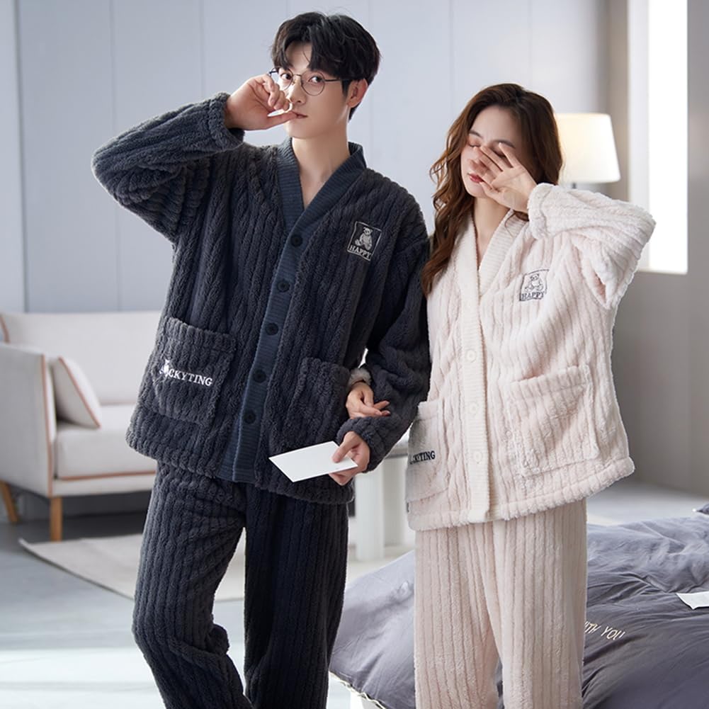 Winter Pajama Fluffy Top and Chill Wedding Unisex D.IIZOO Couple's Set, Bottoms, Open-Front, Thick, Autumn/Winter Loungewear, Protection, Gift, (Size