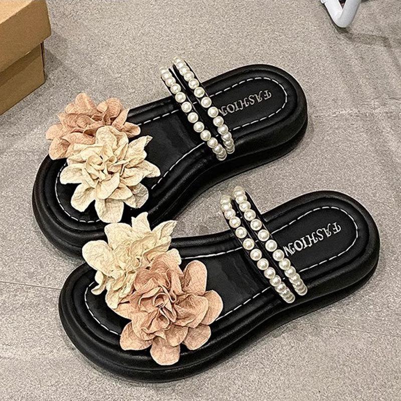 Two wear flower cool slippers, women's summer wear 2025 new models with skirts, thick-bottomed seaside vacation beach slippers