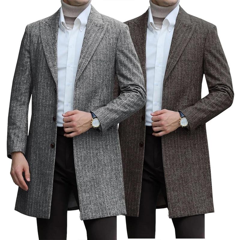 Autumn Winter Men's Striped Woolen Coats England Style Business Casual Turn Down Collar Long Outerwear