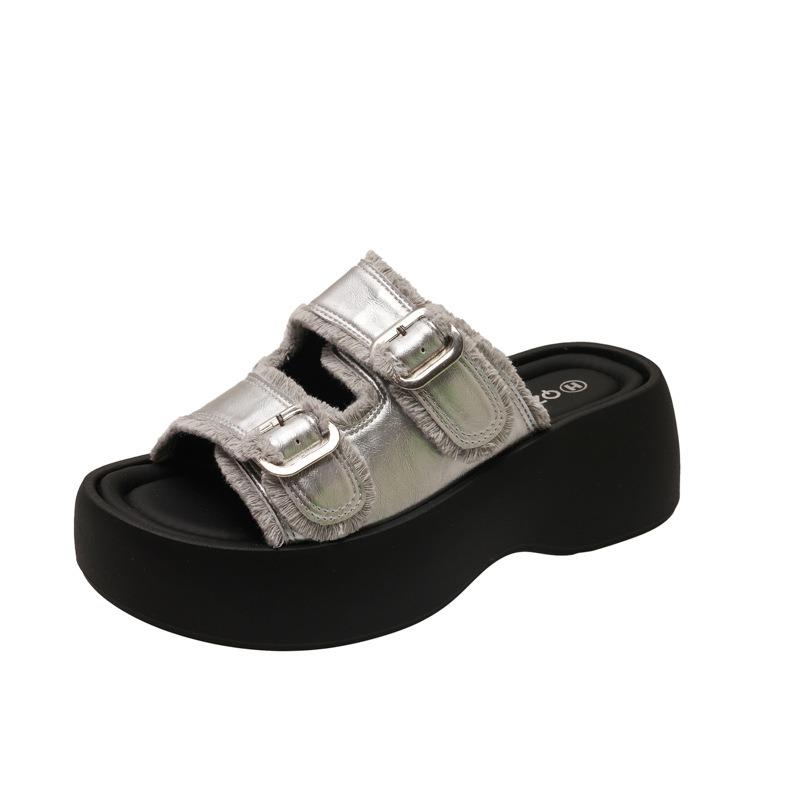 Fashion Muffin Thick-bottomed Versatile Cool Slippers Trendy Denim Slippers Sports Heightening Cool Slippers