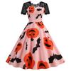 Women's Hepburn-Style Retro Lace Round Neck Short Sleeved Halloween Printed Dress