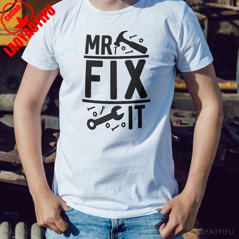 Mr Fix IT Mens Dad Fathers Day Mens Birthday Gift Fathers Day T Shirt Simple Letters Style Print Allmatch Shortsleev Tops