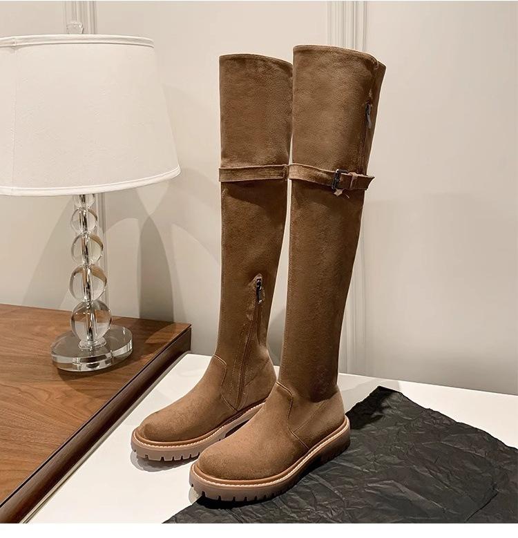 

замшевые ботинки-рыцари с отворотом из овечьей шерсти на плоской подошве 2025 осень и зима новые утолщенные универсальные бархатные зимние сапоги до колена женские 40
