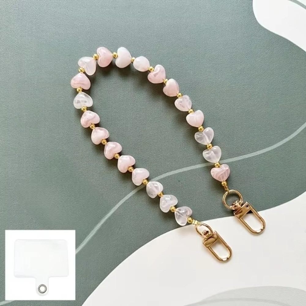 Heart Shaped Mobile Phone Chain Acrylic Beads Phone Pendant Beaded Phone Lanyard for Women розовый