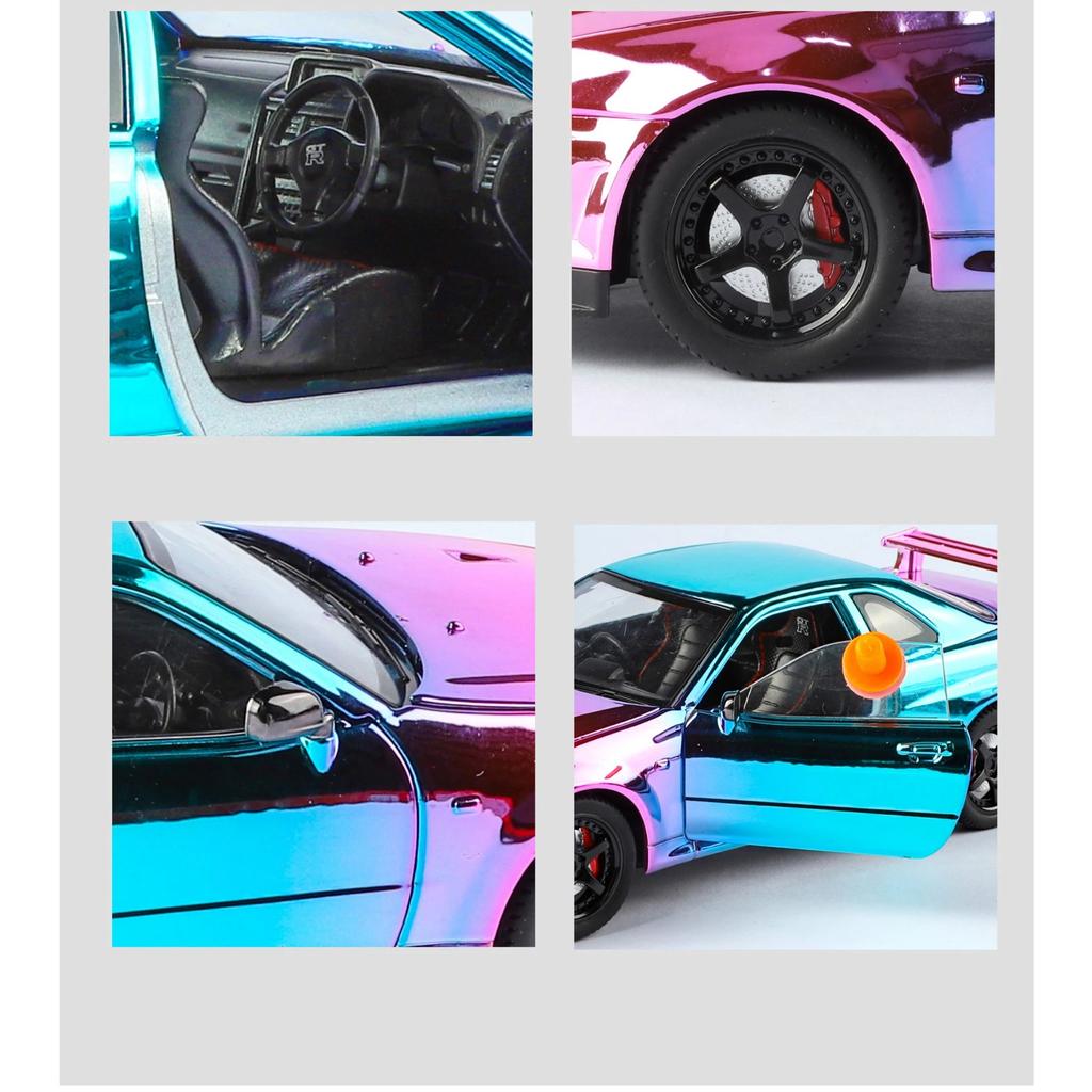 1/24 Nissan Electroplated GT-R GTR R34 Alloy Sports Car Model Diecasts Metal Track Racing Car Vehicles Model Sound Light Kids Toys Gift