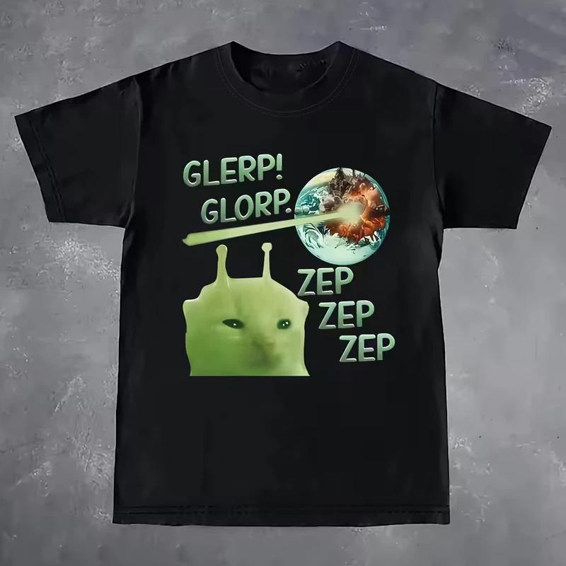 Funny Retro Alien Cat Alphabet Print T-shirt | Cherry Bean Pattern,  No Brain  Cat Graphic Design T-Shirt Unisex Tops Daily Wear XS