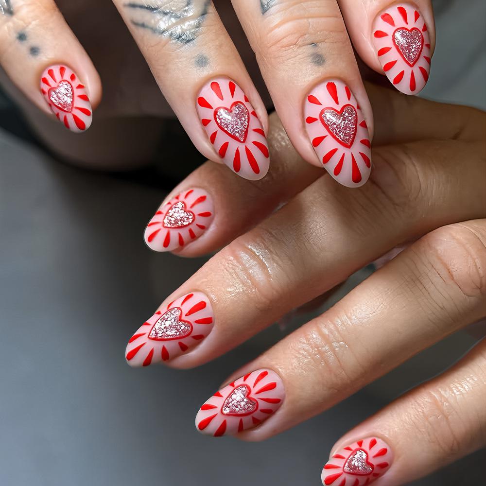 24Pcs White French Smudge Almond Press On Nails Y2K Gold Star Pink Heart Glossy False Nails