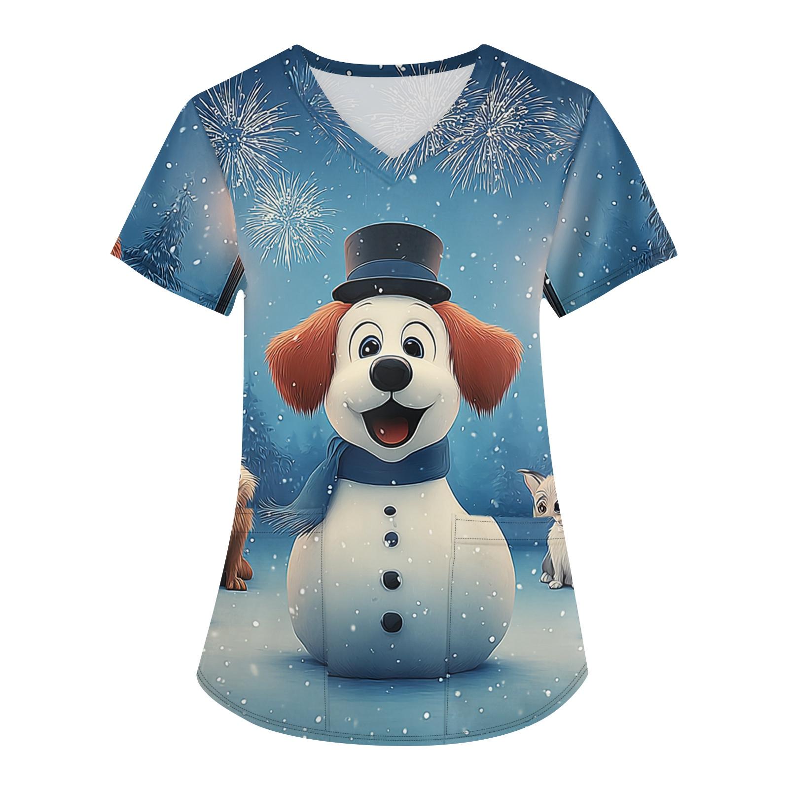 

Женская мода с v-образным вырезом, короткими рукавами и карманами, топы с рождественским принтом L