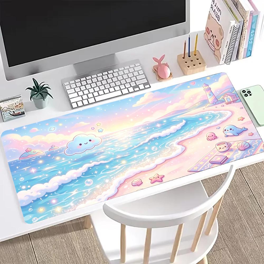 Starry Night Village Large Desk Mat, Blue Swirl Sky Moon Town Landscape Extended Gaming Mouse Pad, Non‑Slip Keyboard Table Mat