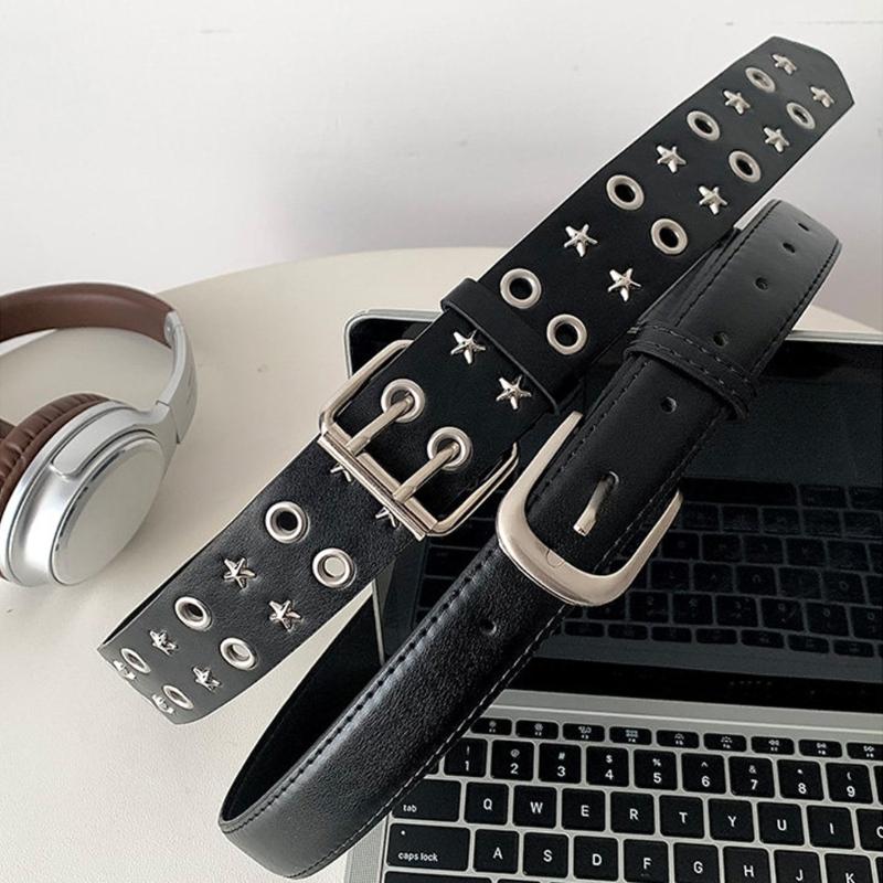 PU Leather Punk Waist Belt with Star Rivets And Double Buckles Holes For Daily Wear and Theme Occasion Dressingup Props