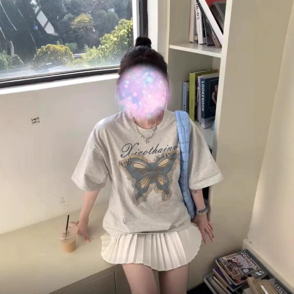 grey cotton short-sleeved t-shirt women's summer new small butterfly print ins design sense niche loose top