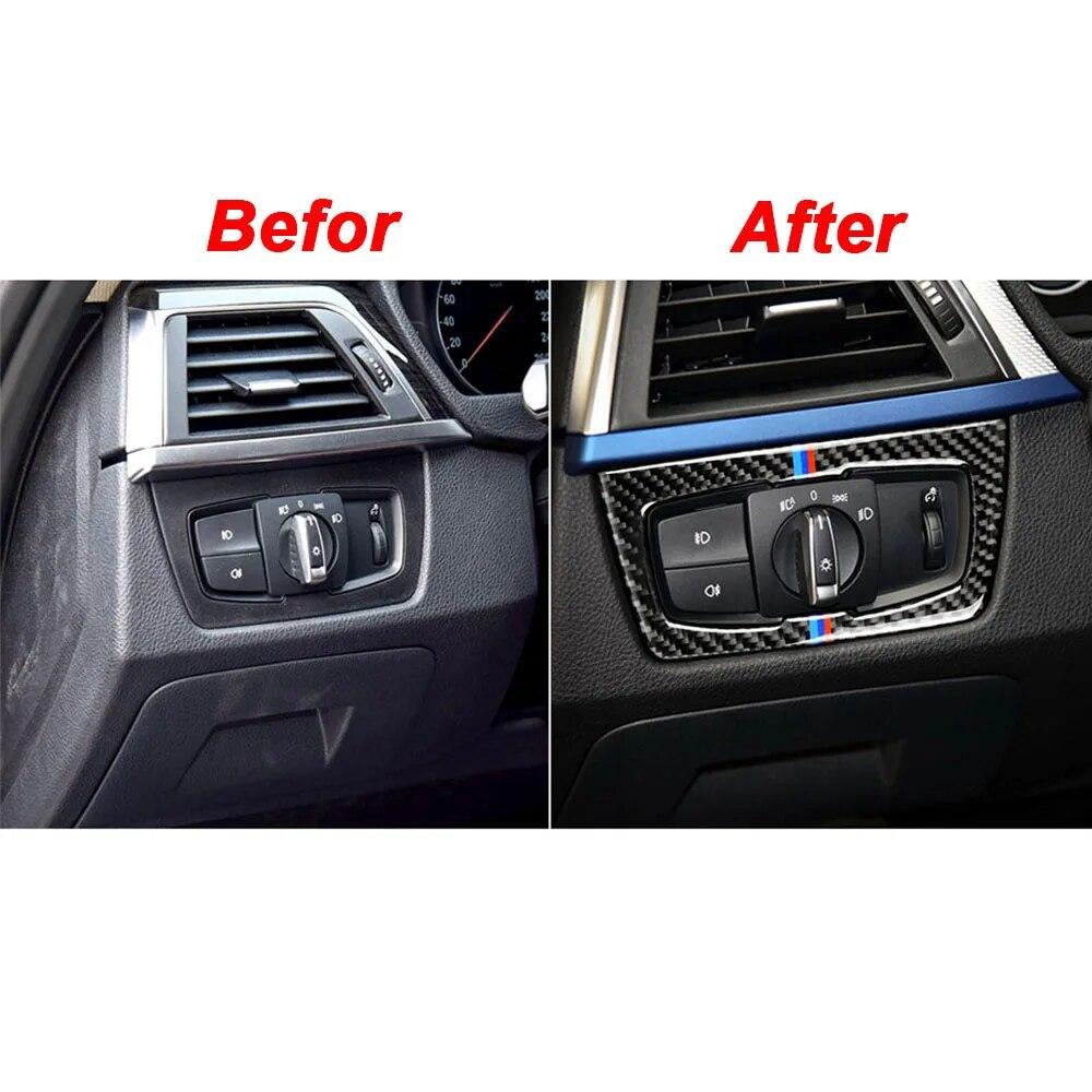 Kolfiber Interiör Bil Strålkastare Strömbrytare Knapp Ram Klistermärke Skydd Trim Dekal För BMW 3 4-serien 3GT F30 F31 F32 F34 13-18