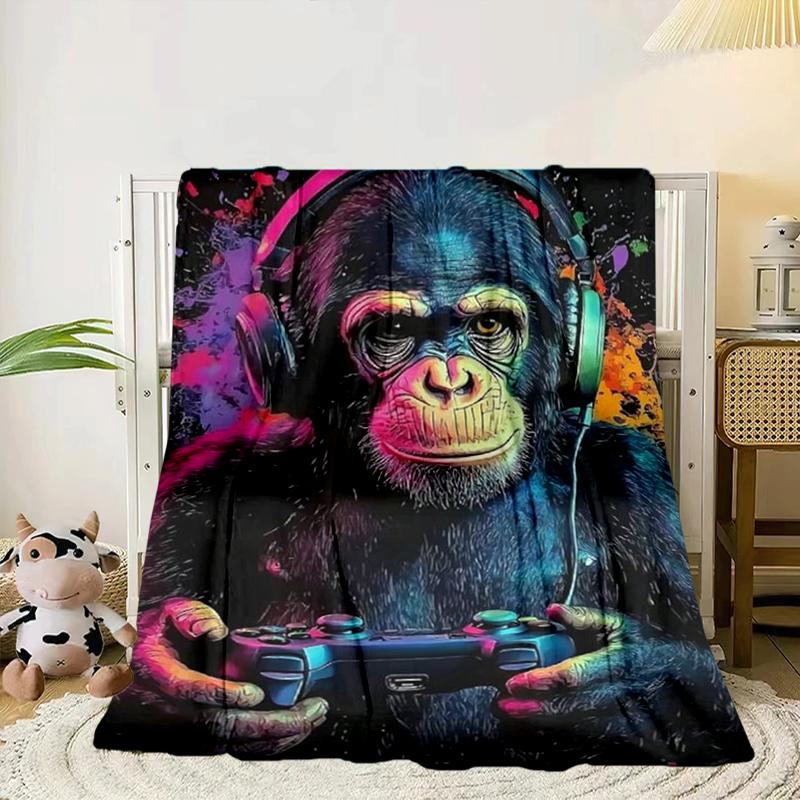 Monkey Music Headphones Blanket Flannel Blanket for bed, sofa, Camping, Hiking, Picnic Essentials, gift for family Fan gifts