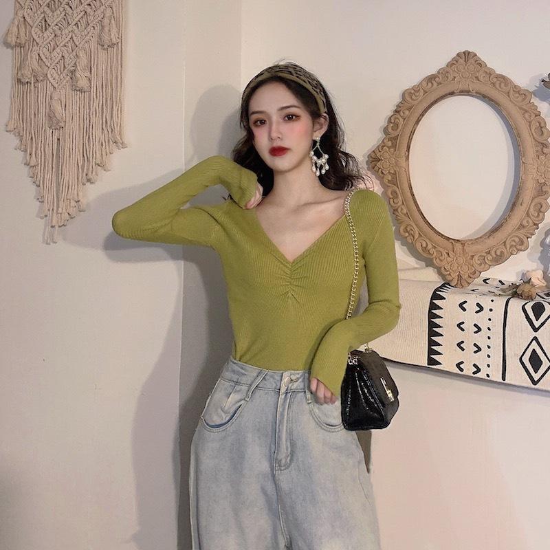 Fall Winter Women V Neck Solid Color Long Sleeve Pleated Knitted Bottoming Chic Sweater