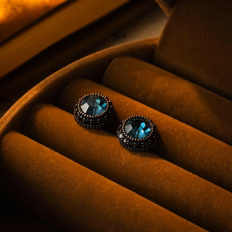 Vintage Elegant Zircon Deep Blue Ear Studs S925 Silver Earrings for Women