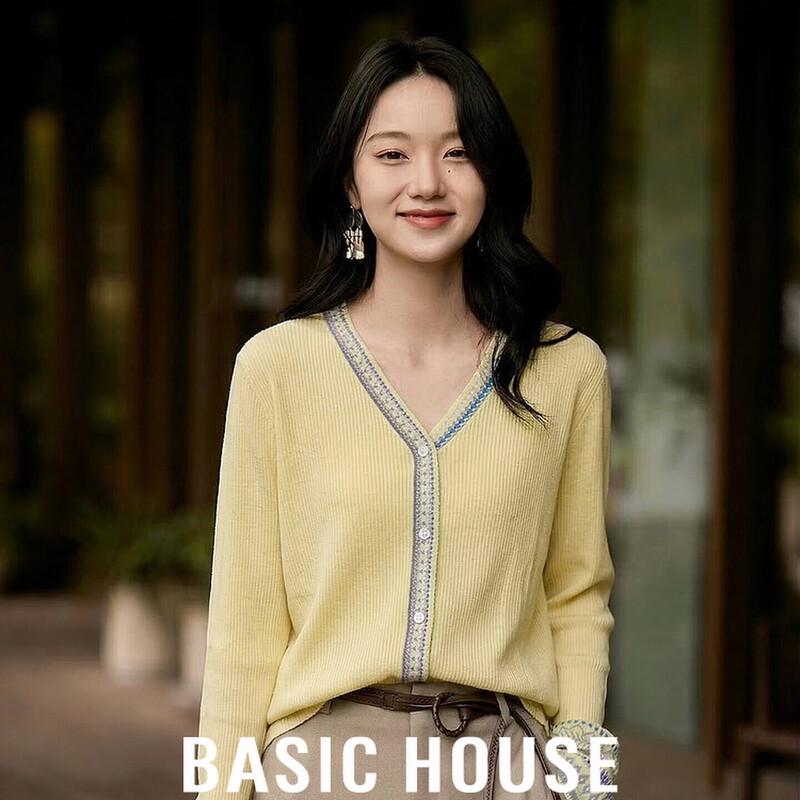 Basic House Women s Jacquard V-Neck Knit Cardigan L