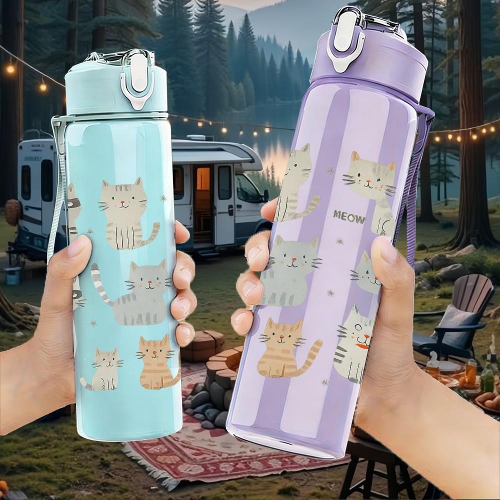 1PC Mixed Breed Cats Repeat Grid 750ml Color Plastic Sports Water Bottle Leakproof Flip Straw Lid For Sports Office Home Use