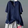 Women's Summer Solid Colour Short Sleeve V-Neck Irregular Large Size Cotton and Linen Loose Top