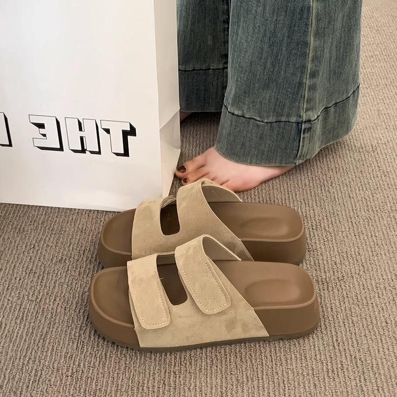Super fire Velcro thick-soled slippers women's summer wear 2025 new one-word cool slippers small height-increasing sandals