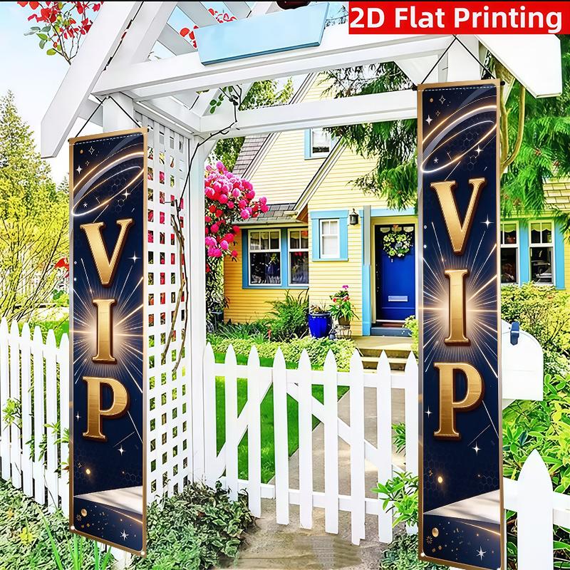 2D Flat, 2D Flat 2pcs (11.8*70.8 Inches/30*180cm) Party Banner Pennant, Material, Dark Background with Golden "VIP" Letters and Starlight Geometric Pa