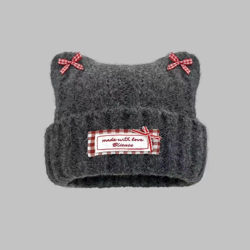 Sweet bow cat ear knitted pullover hat for women, small face in autumn and winter, warm and fashionable versatile wool hat