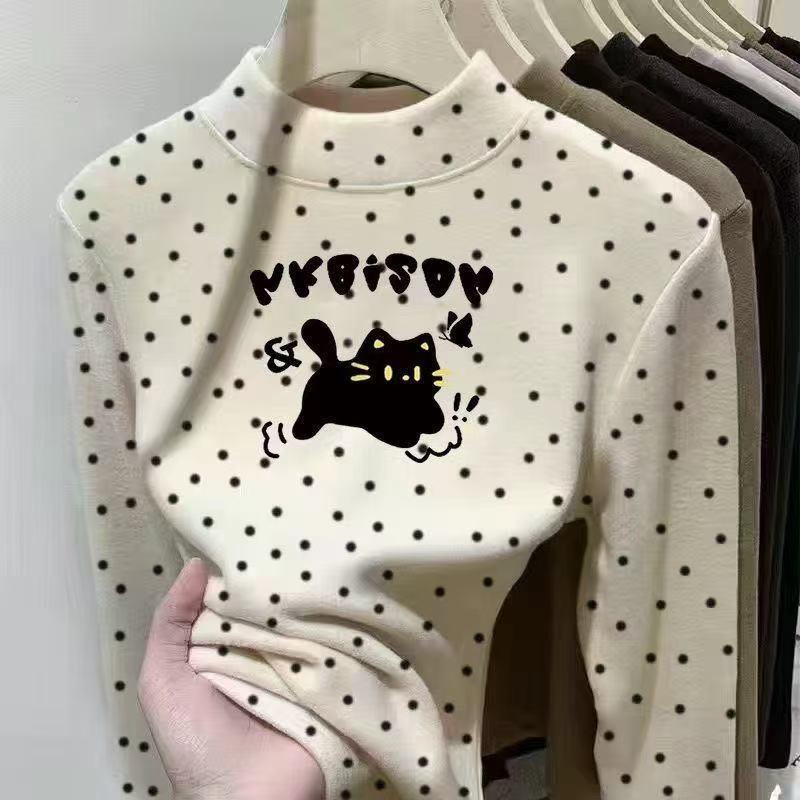 Girls' Polka Dot Velvet Long-Sleeve T-Shirt - Autumn/Winter High-Neck Top for Medium/Large Children