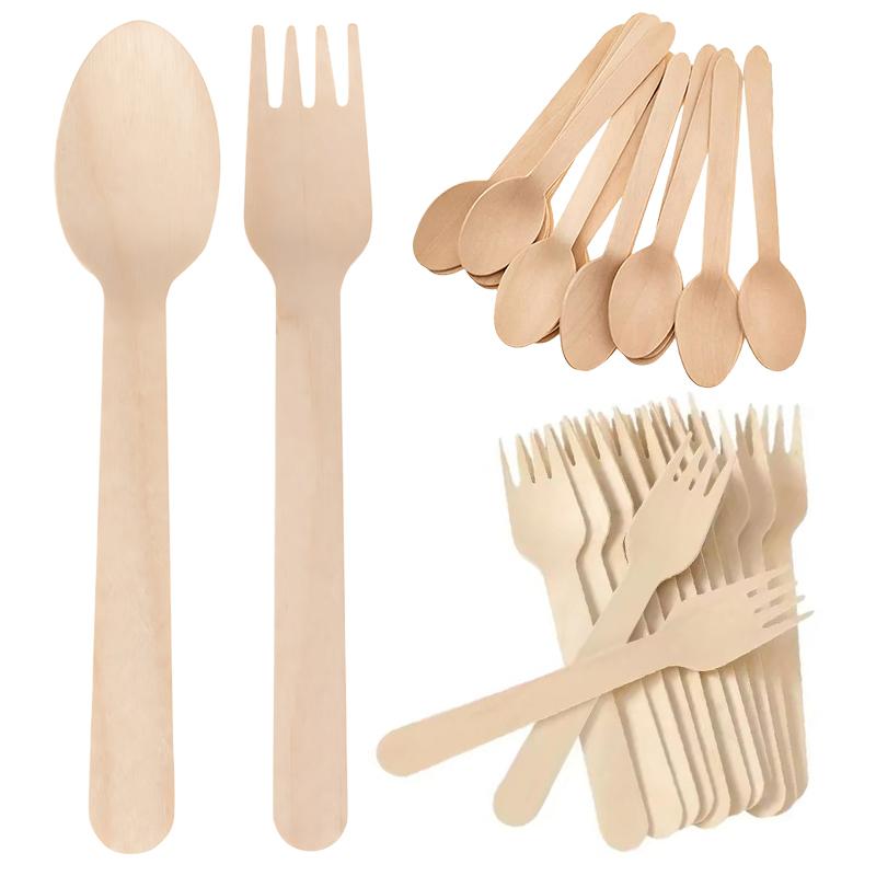 50PCS/Pack Disposable Wooden Fork Spoon 14cm Size Tableware Home Office Restaurant Camping Picnic Travel Lightweight Cutlery ZYF