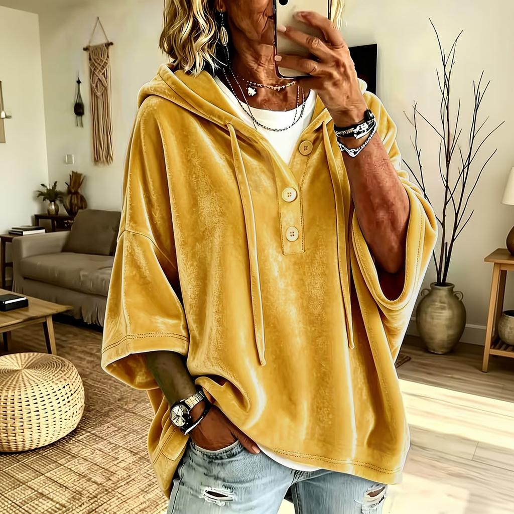 Women's Velvet Hooded Sweatshirt with Drawstring, Loose Fit Sleeve
