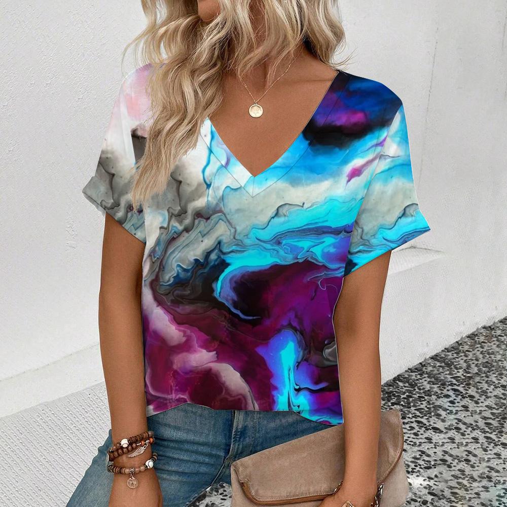 Women'sshort Sleeve V-Neck T-Shirt Colorful Tassels Pattern T-Shirt Fashion Casual Women's Elegant Comfort Large Size T-Shirt