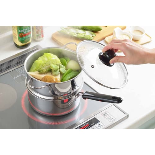 Yoshikawa SJ3357 Stainless Steel Two-Tier Steamer, 18cm, for Steamed Food, Gas and Induction Compatible