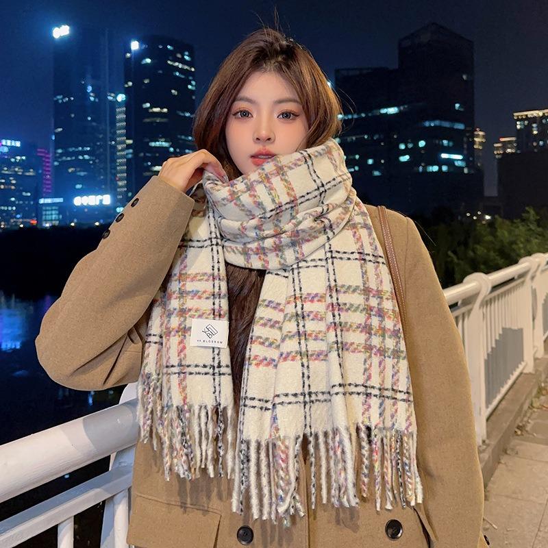 Imitation cashmere scarf women's winter high-end feeling new small fresh plaid thickened warm shawl scarf
