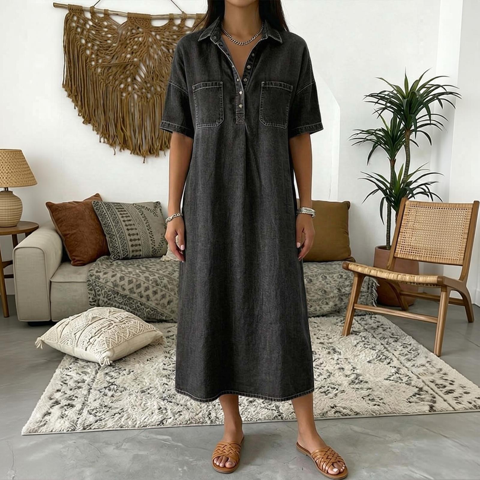 Women s Loose Fit V-Neck Denim Look Dress L чёрный