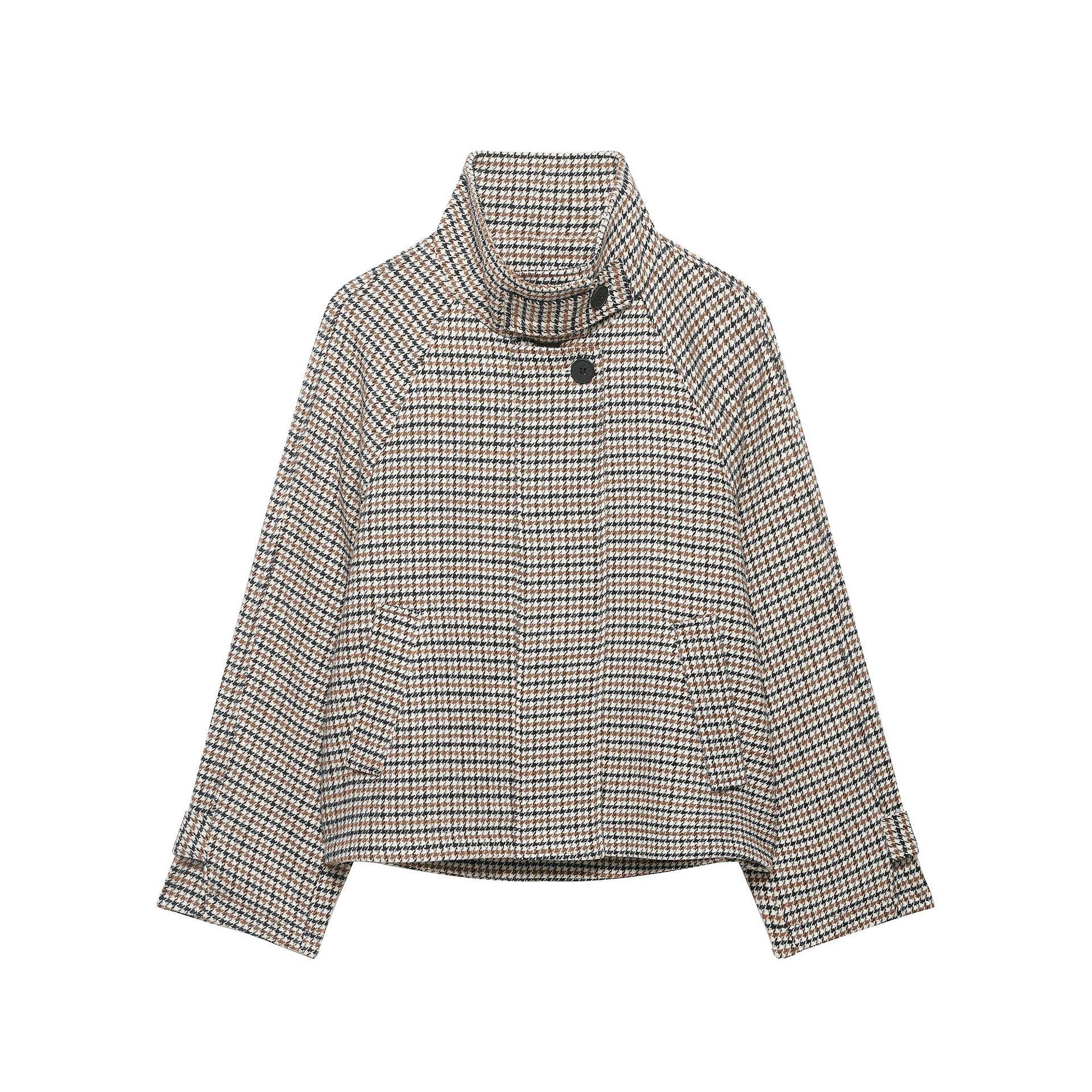 European and American women s clothing popular fashion tweed plaid turtleneck short jacket S
