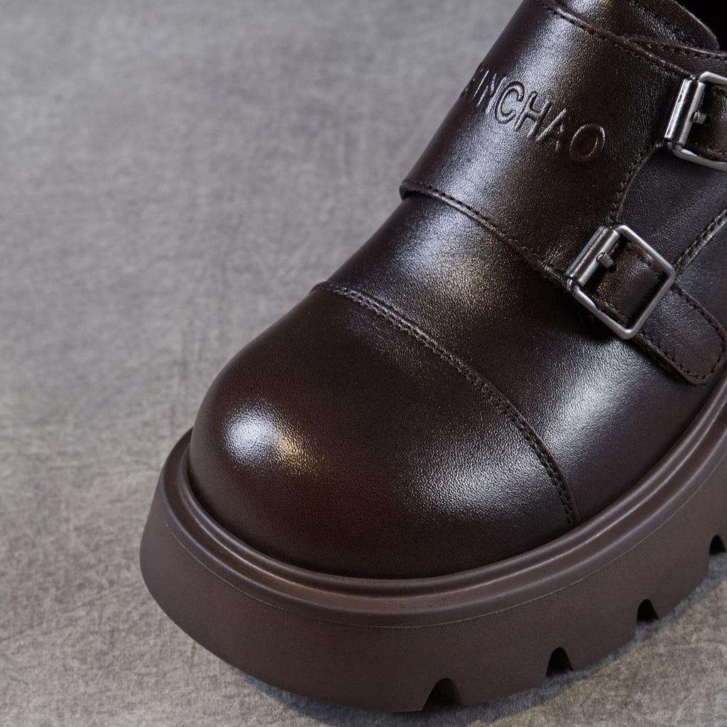 Damen Dicksohlige Höhenverstärkende Lederschuhe Britischer Stil Leichter Luxus Echtlederschuhe High-End Retro Slipper