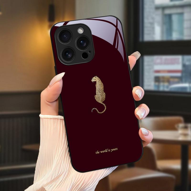Leopardo rašto grūdinto stiklo juodas telefono dėklas, skirtas iPhone 17 16 15 14 13 12 11 Pro Max 17 Air 7 8 Plus XR XS X, atsparus smūgiams dangtelis