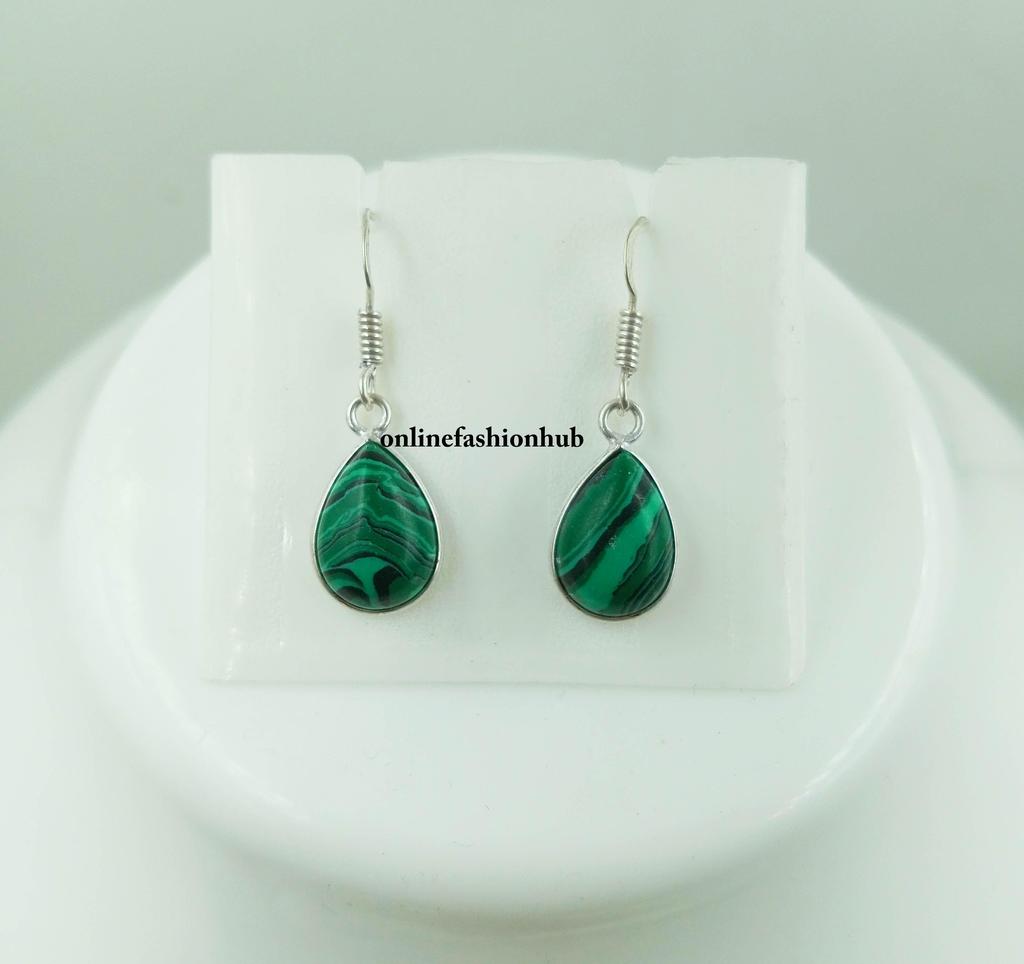 Green Turqoise Gemstone 925 Sterling Silver Plated Pear Shape Bezel Earring